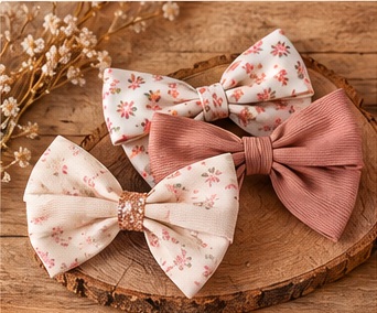 Three complete handmade floral and blush bows on a rustic wooden display