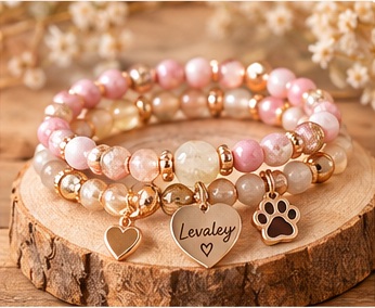 Complete pink and gold beaded bracelets on a rustic wooden display