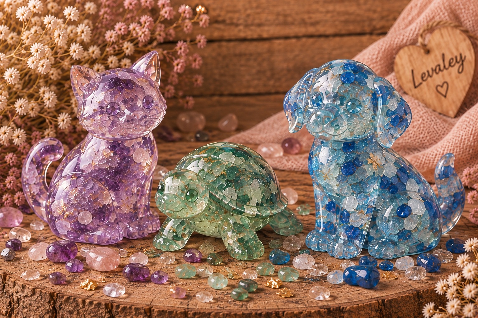 Translucent resin cat, turtle and dog buddies filled with coloured gemstone chips on rustic wood