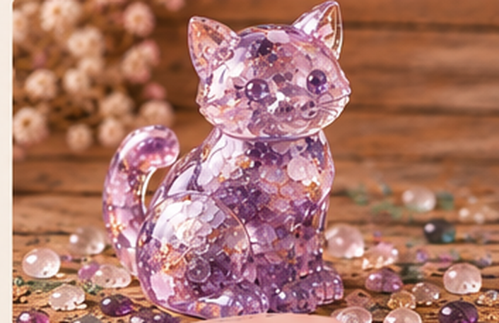 Purple translucent resin cat buddy with matching gemstone chips