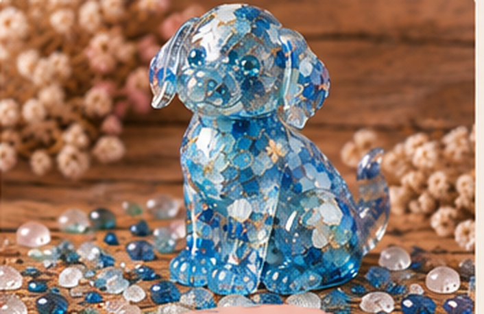 Blue translucent resin dog buddy with matching gemstone chips