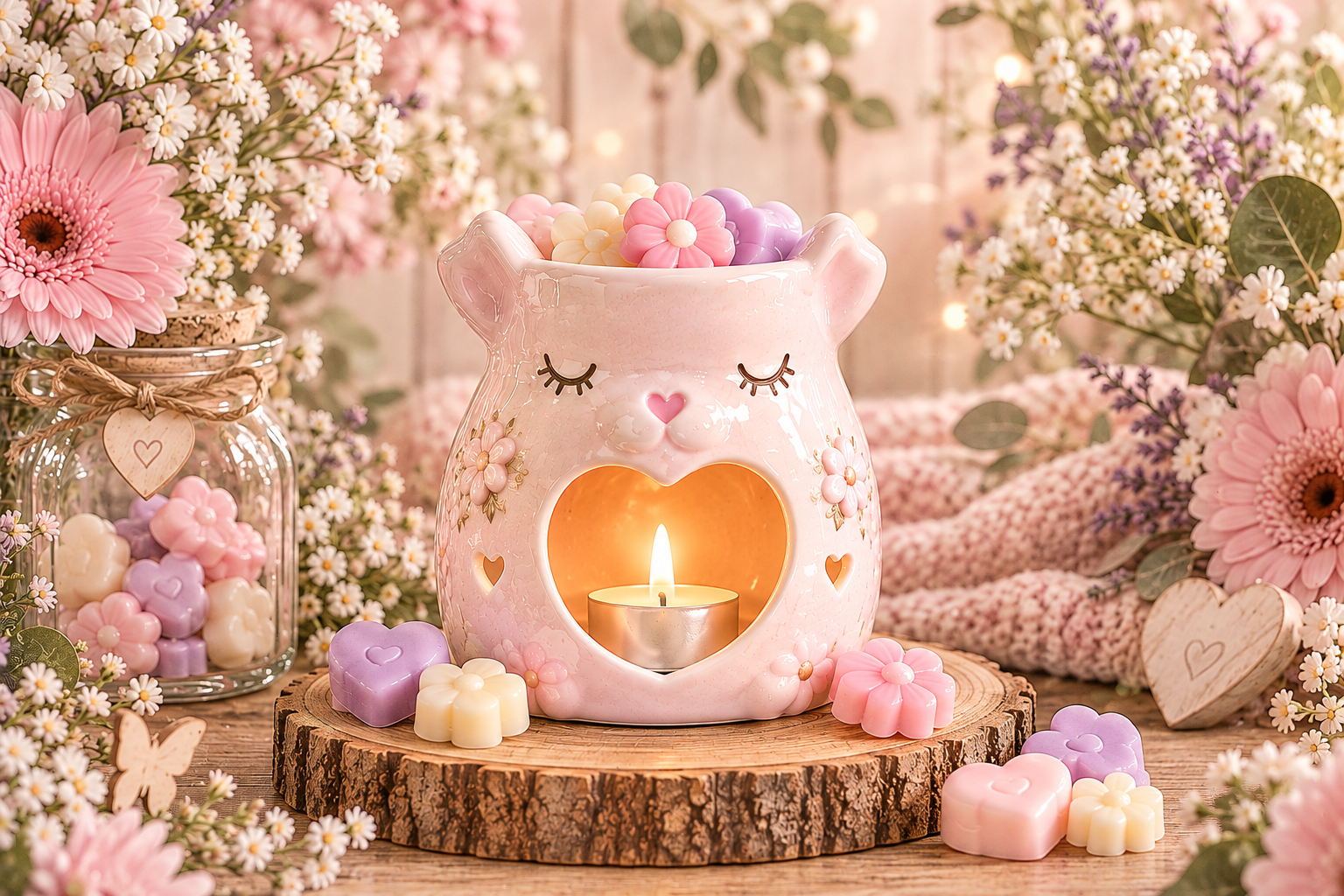 Pastel wax melts displayed beside a ceramic holder on a rustic wooden block